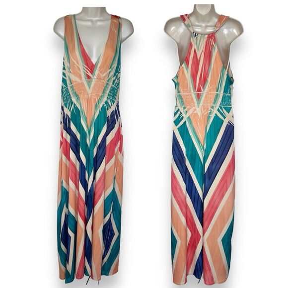 Fresh of LA Chevron Sleeveless Halter Maxi Dress Surplice Made in USA Women XL - Picture 1 of 11